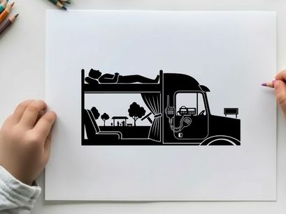 Silhouette of a person sleeping in a camper van