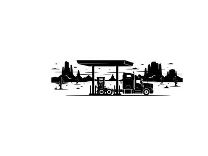 Silhouette of a truck at a gas station with cityscape background silhouette