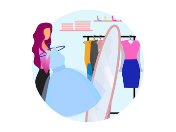 Woman trying on dress flat concept icon preview picture