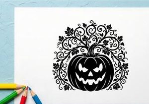 Halloween Pumpkin with Spooky Face and Decorative Vines