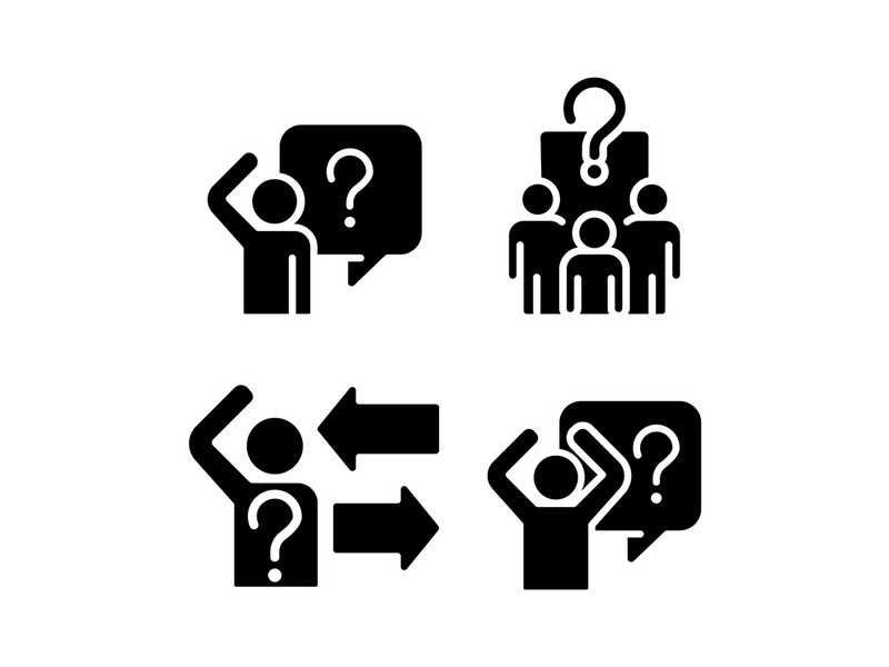 Asking and answering questions black glyph icons set on white space