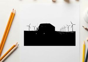 Silhouette of a truck driving past wind turbines on a highway