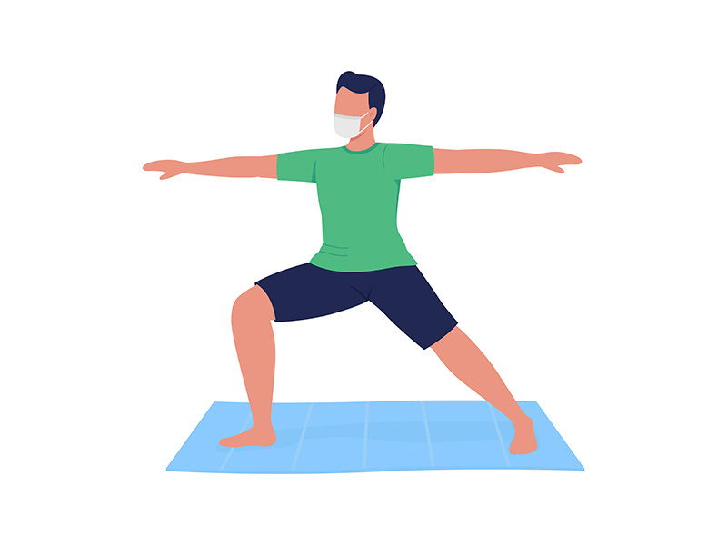 Man in mask practicing yoga flat color vector faceless character