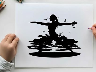 Silhouette of a woman practicing yoga at sunset beach