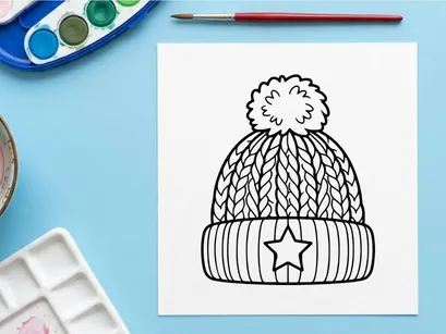 Winter knit beanie hat with pom pom and star icon line art illustration
