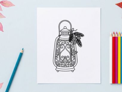 Ilustrasi seni garis lentera Natal dengan cabang dan kerucut pinus untuk desain hari raya