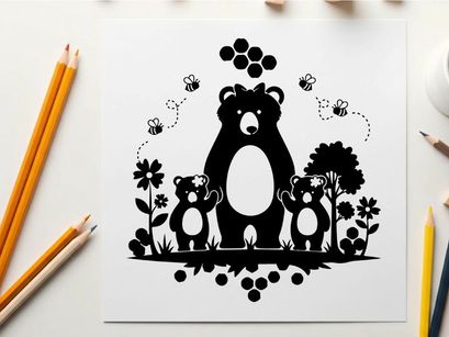Silhouette of a bear and cubs in a garden