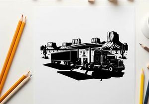 Silhouette of a semi truck parked in front of a building
