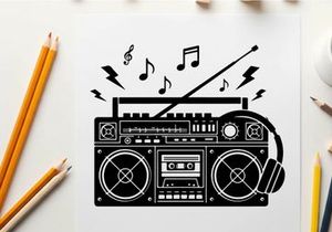 Black silhouette of a boombox with music notes and headphones