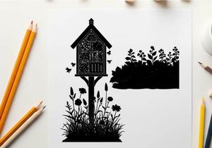 Silhouette of a birdhouse with flowers and trees in the background silhouette