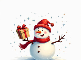 Cheerful snowman image. This fun image is being used for product uploads, and shows a snowman with a red hat and scarf holding a gift box. preview picture