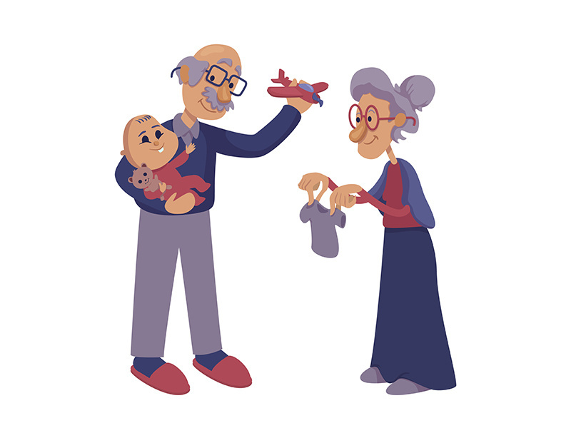 Grandparents playing with infant flat cartoon illustration