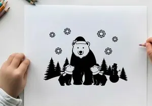 A polar bear family silhouette in winter wonderland scene