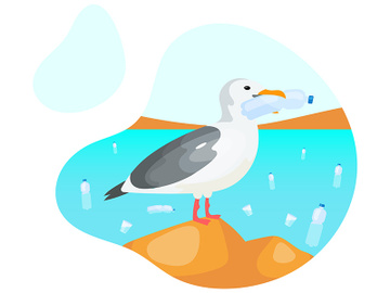 Seagull with plastic bottle flat concept icon preview picture