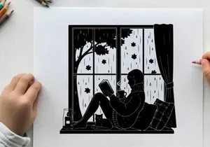 Silhouette of a woman reading by the window on a rainy day