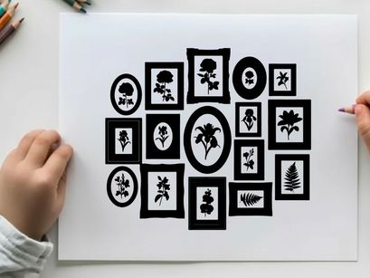 Silhouette of various framed floral and leaf designs
