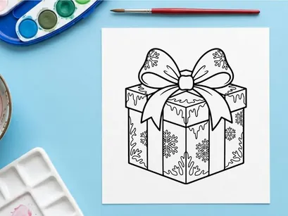 Caixa de presente de Natal com padrão de floco de neve e grande laço, desenho em arte de linha preto e branco.