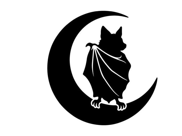 Ilustración de silueta estilizada de un gato negro con capa sentado en una luna creciente