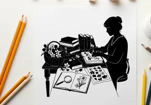 Silhouette of woman studying flowers with books and magnifying glass