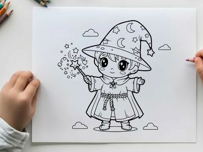 Cute girl wizard casting magic stars vector illustration