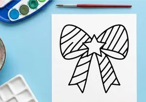Gambar pita hadiah Natal buatan tangan dengan ikon bintang, ilustrasi seni garis pita hadiah liburan yang meriah
