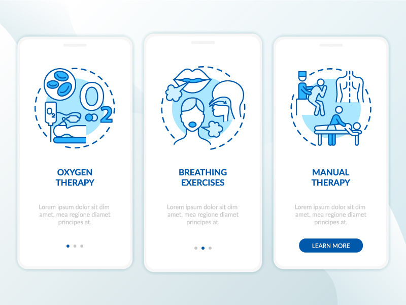 Respiratory rehabilitation blue onboarding mobile app page screen