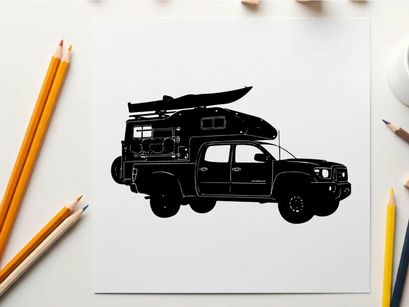 Silhouette of a 4x4 suv with roof rack and kayak