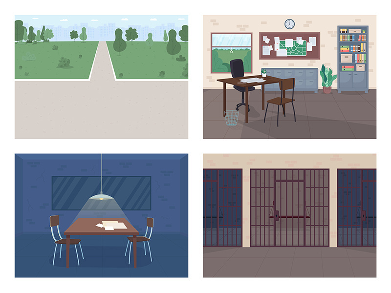 Police station flat color vector illustration set