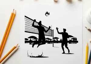 Silhouette of two men playing beach volleyball