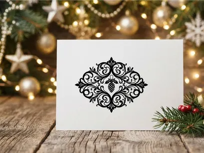 Weihnachts-Kiefernzapfen-Symbol mit eleganter schwarzer floraler Filigran-Verzierung als Ornament auf weißem Hintergrund