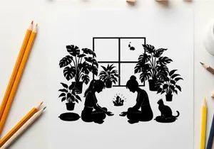 Silhouette of two people and cat by window with plants