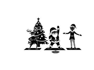 Holiday silhouette of santa reindeer and elf in yoga poses by christmas tree silhouette preview picture