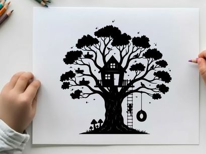 Treehouse silhouette with tire swing and ladder