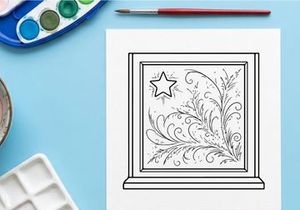 Christmas window drawing with star and festive swirls, holiday season line art illustration.