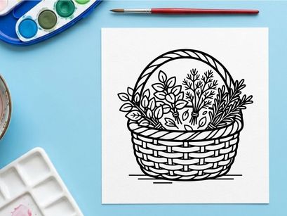 Hand-drawn Halloween wicker basket filled with autumn flowers. Vintage styled woven container holding seasonal blooms and foliage for fall decor.