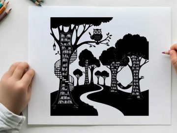 Whimsical forest scene with treehouse silhouette and winding path preview picture
