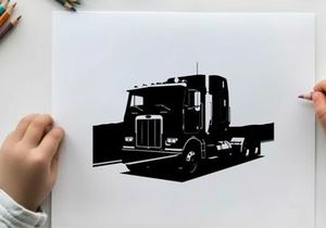Silhouette of a large truck on the road with a scenic view