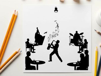 Jazz club scene with musician silhouette performance