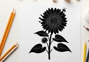 Silhouette of a large sunflower with leaves and small bloom