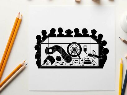 Silhouette of people watching a machine in a glass case silhouette