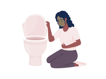 Upset woman with nausea and toilet bowl semi flat color vector character preview picture
