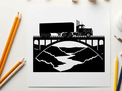 Truck silhouette crossing bridge over river with mountains silhouette