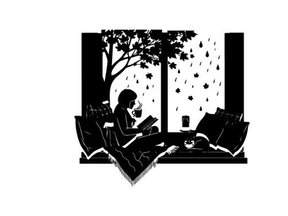 A person sitting by a rainy window reading a book