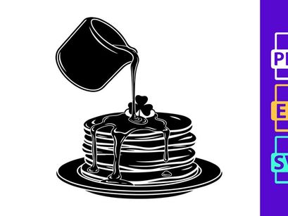 Black syrup pouring on golden pancake stack isolated illustration