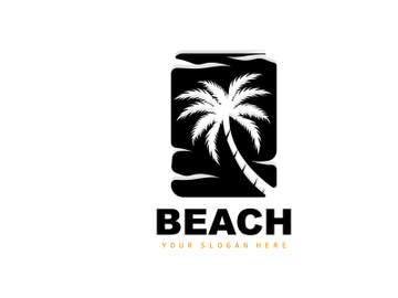 Coconut Tree Logo With Beach Atmosphere, Beach Plant Vector, Sunset View Design preview picture