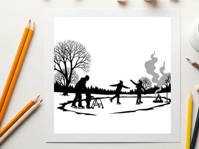 Winter scene silhouette of people ice skating and having fun outdoors