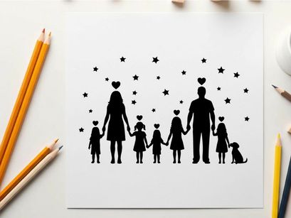 Family silhouette with children and dog under starry night sky silhouette