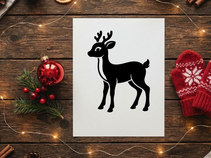 Black silhouette of a cute reindeer isolated on a white background for Christmas design.