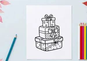 Stack of Christmas gift boxes with ribbons and bows in a black and white line art style