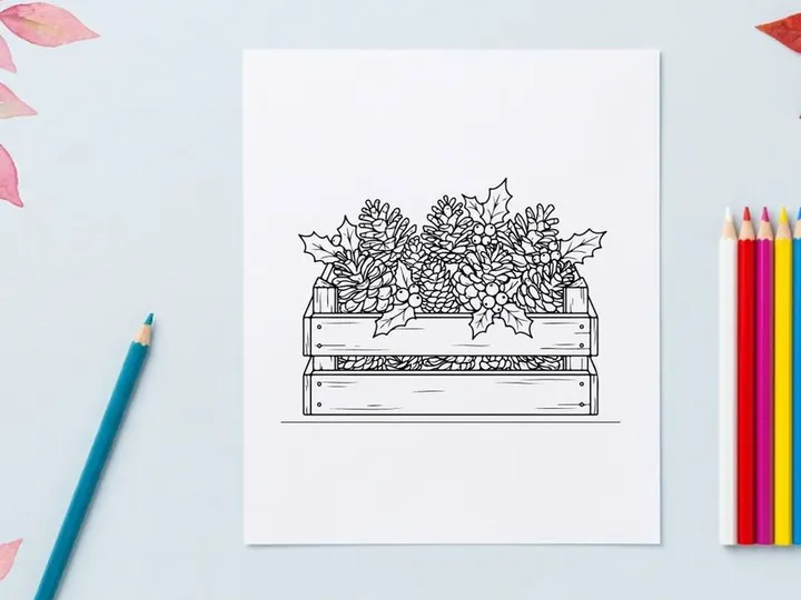 Hand-drawn Christmas wreath in wooden crate for festive holiday home decor display
